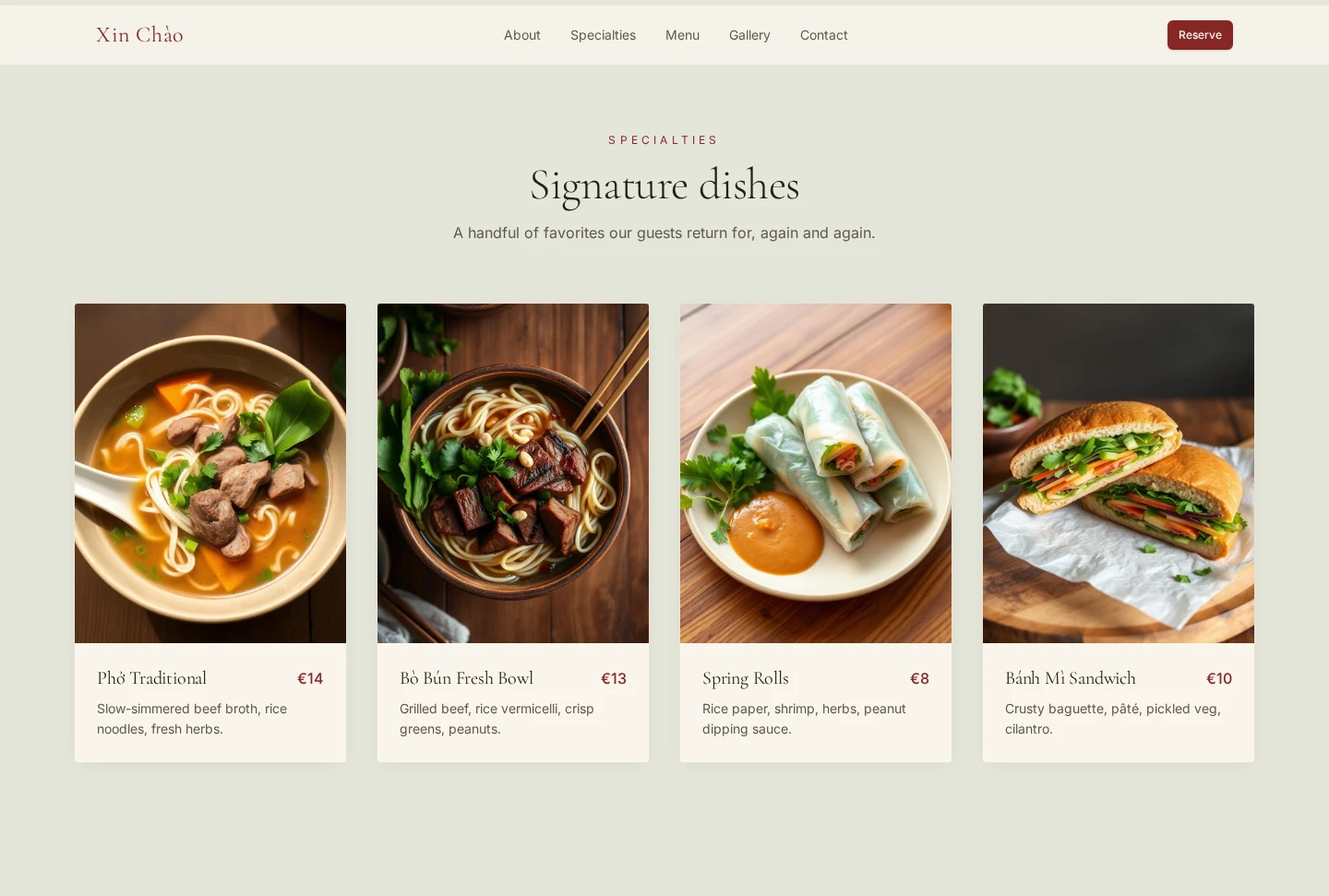 Page des spécialités du site Xin Chao : phở, bò bún, rouleaux de printemps et bánh mì