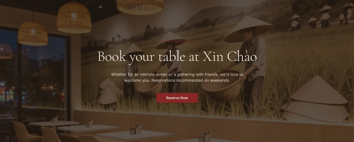 Section Book your table at Xin Chào avec le bouton Reserve Now